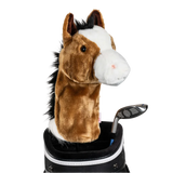 A horse-shaped golf club head cover sitting in a golf bag, with a club peeking out.