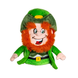 Plush golf head cover resembling a Leprechaun with orange hair, wearing a green outfit and hat, smiling broadly.