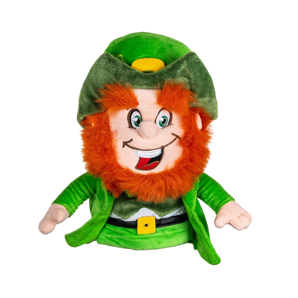 Plush golf head cover resembling a Leprechaun with orange hair, wearing a green outfit and hat, smiling broadly.