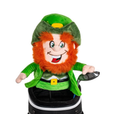 A Leprechaun-shaped golf club head cover sitting in a golf bag, with a club peeking out.