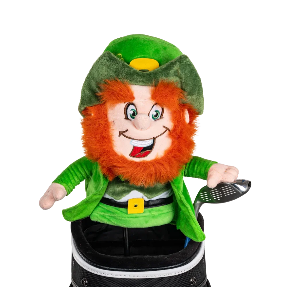 A Leprechaun-shaped golf club head cover sitting in a golf bag, with a club peeking out.