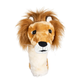 Plush golf head cover resembling a lion with brown and white fur, featuring a fluffy mane.
