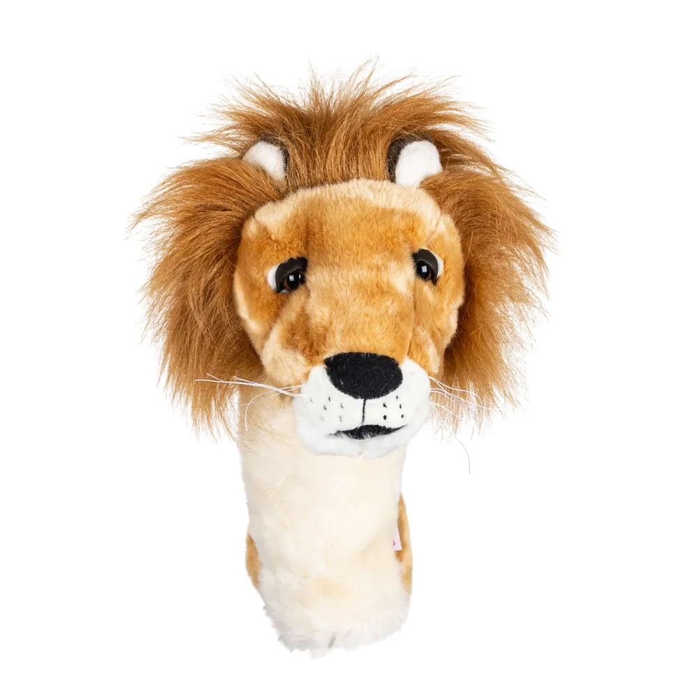 Plush golf head cover resembling a lion with brown and white fur, featuring a fluffy mane.