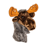 Plush golf head cover resembling a moose head with orange antlers and a furry brown neck.