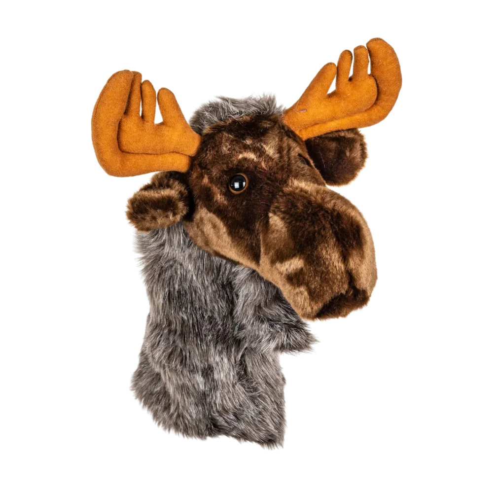 Plush golf head cover resembling a moose head with orange antlers and a furry brown neck.