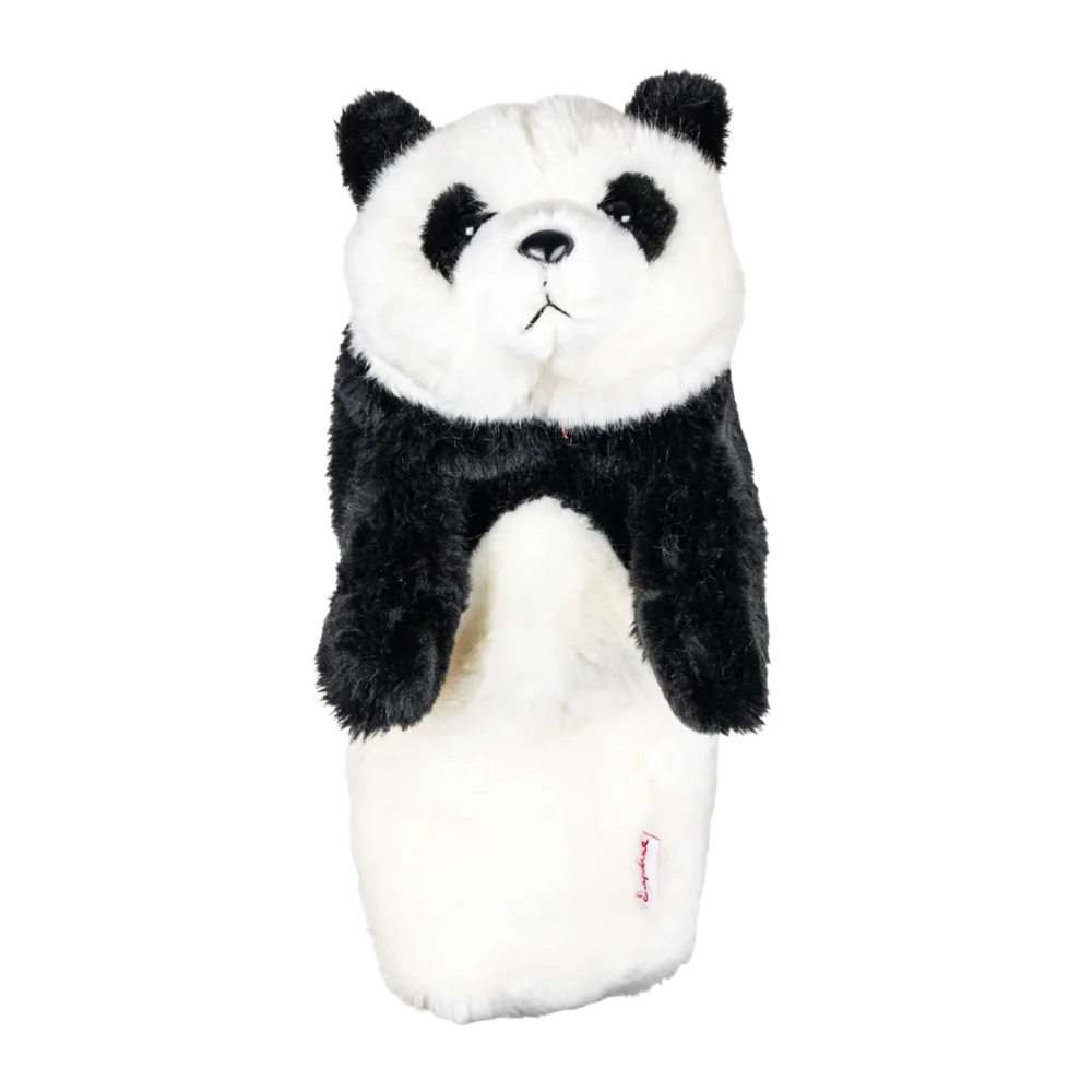 Plush golf head cover resembling a fluffy panda with black and white fur, featuring a friendly face and upright ears.