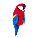 Plush golf head cover resembling a parrot with red and blue fur, featuring a black beak and white facial markings.
