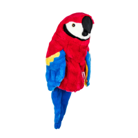 Plush golf head cover resembling a parrot with red and blue fur, featuring a black beak and white facial markings.