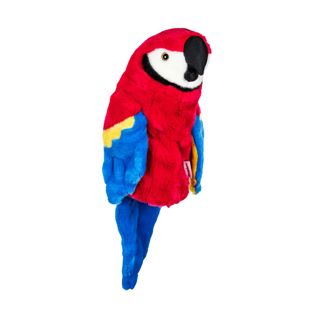 Plush golf head cover resembling a parrot with red and blue fur, featuring a black beak and white facial markings.
