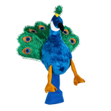 Plush golf head cover resembling a  peacock with a blue body, vibrant green tail, and orange feet.