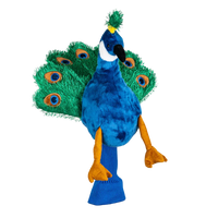 Plush golf head cover resembling a  peacock with a blue body, vibrant green tail, and orange feet.