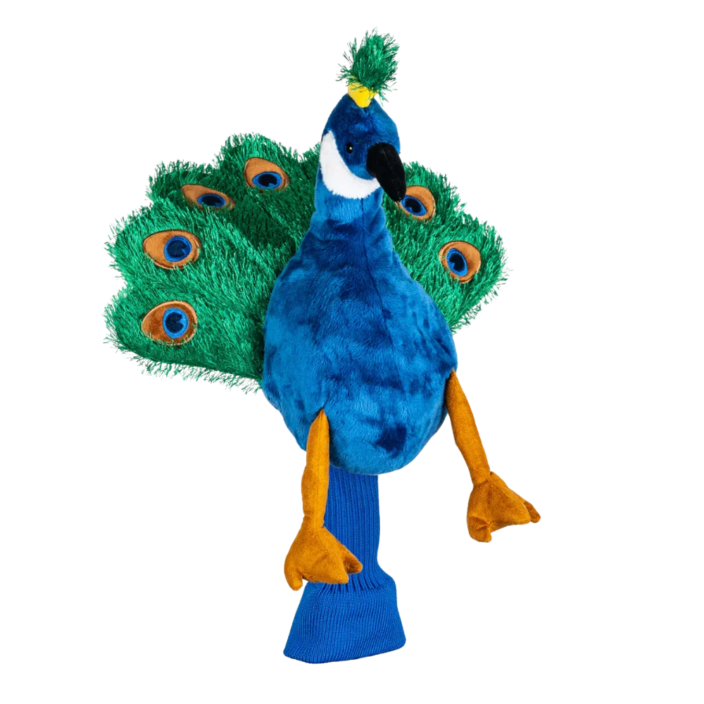 Plush golf head cover resembling a  peacock with a blue body, vibrant green tail, and orange feet.