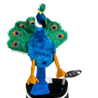 A peacock-shaped golf club head cover sitting in a golf bag, with a club peeking out.