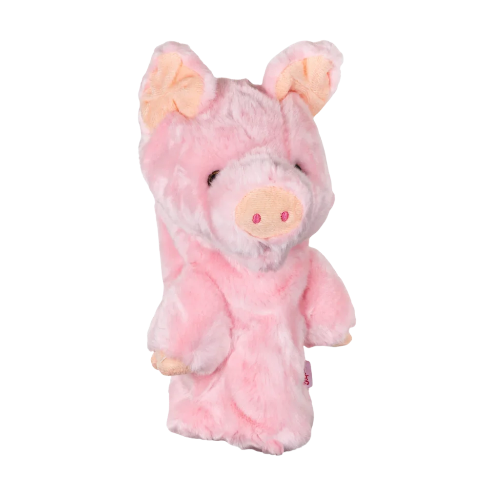 Plush golf head cover resembling a fluffy pig with pink fur, featuring a friendly face and upright ears.