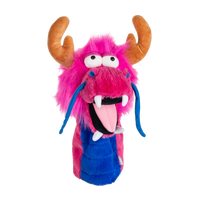 A pink dragon-shaped golf club head cover.