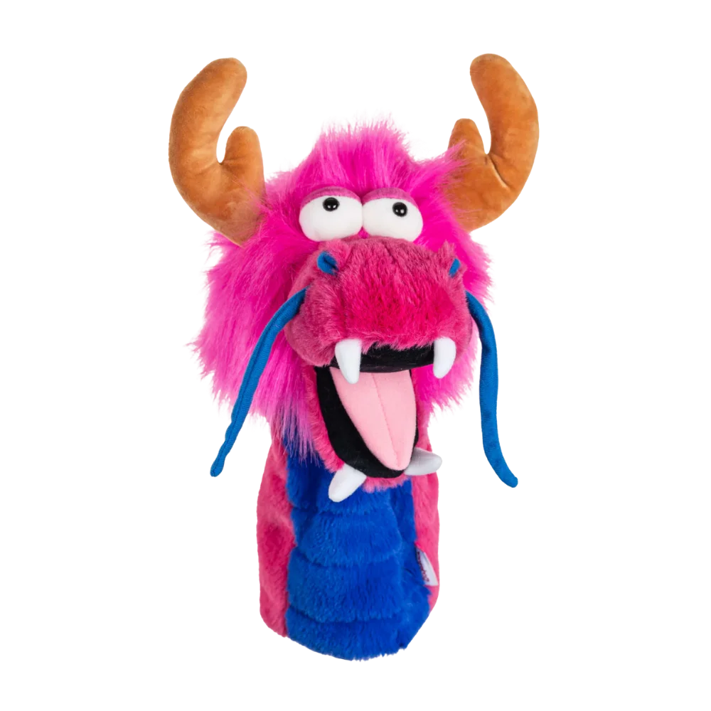 A pink dragon-shaped golf club head cover.