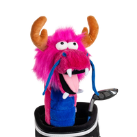A pink dragon-shaped golf club head cover sitting in a golf bag, with a club peeking out.