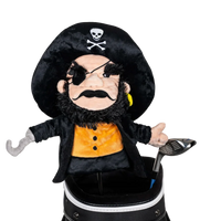 A pirate-shaped golf club head cover sitting in a golf bag, with a club peeking out.