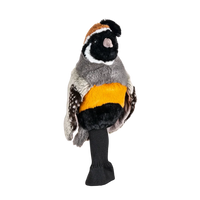 Plush golf head cover resembling a quail, featuring colorful fabric accents and a black sock-like base.