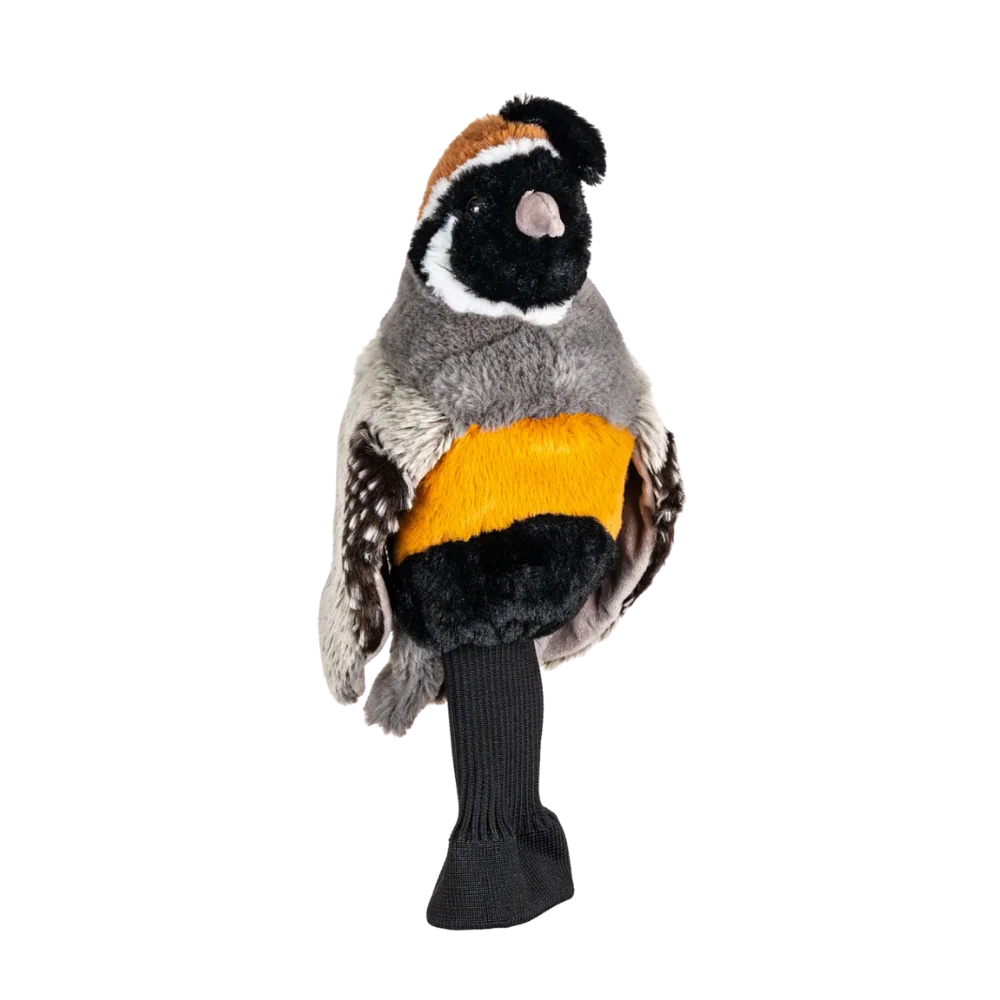 Plush golf head cover resembling a quail, featuring colorful fabric accents and a black sock-like base.
