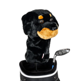 Golf club headcover shaped like a plush Rottweiler dog.