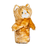 Plush golf head cover resembling a fluffy tabby with yellow fur, featuring a friendly face and upright ears.
