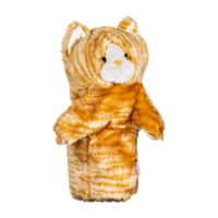 Plush golf head cover resembling a fluffy tabby with yellow fur, featuring a friendly face and upright ears.