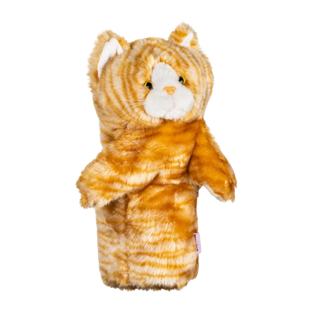 Plush golf head cover resembling a fluffy tabby with yellow fur, featuring a friendly face and upright ears.