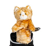 A tabby-shaped golf club head cover sitting in a golf bag, with a club peeking out.
