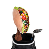A taco-shaped golf club head cover sitting in a golf bag, with a club peeking out.