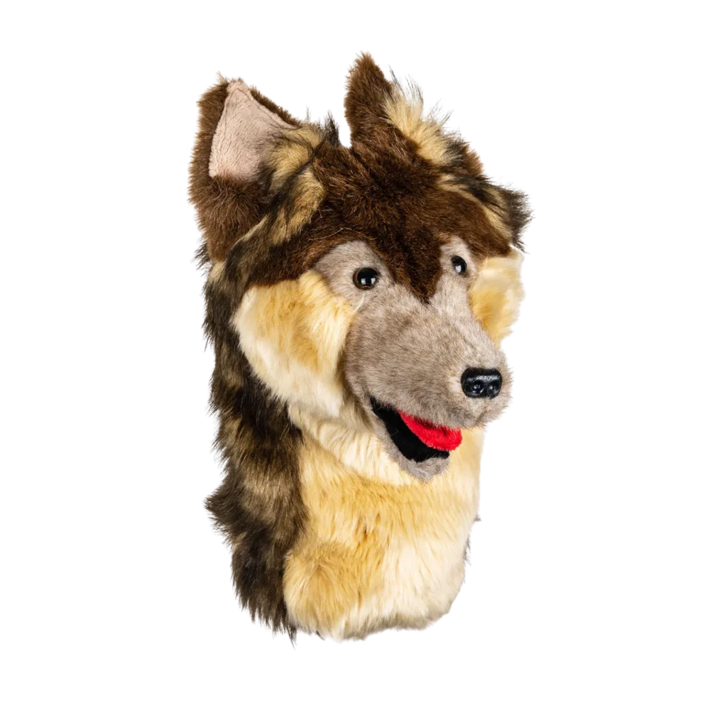 A wolf-shaped golf club head cover.