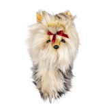 Plush golf head cover resembling a Yorkshire Terrier with a light-colored coat and a red ribbon in its hair.