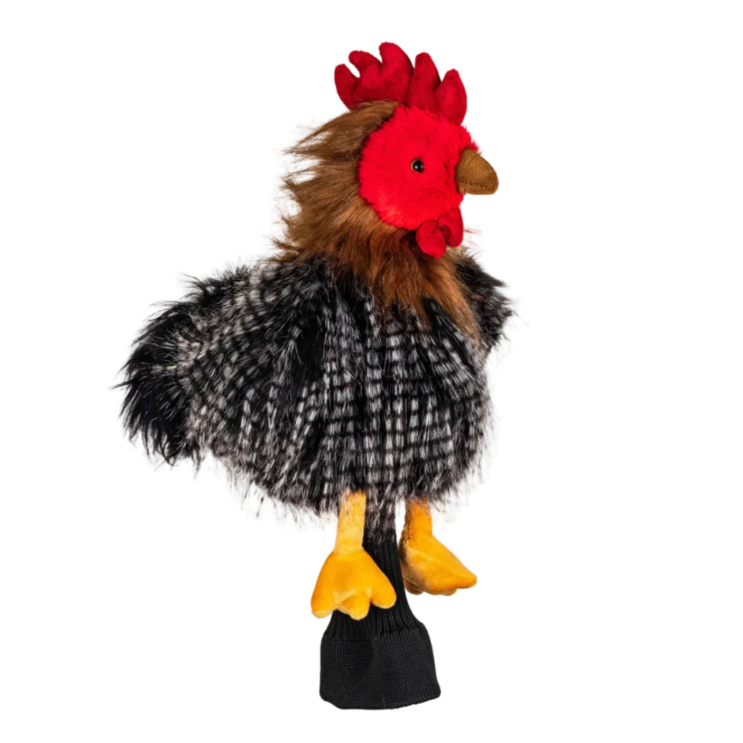 A golf club head cover shaped like a plush chicken.