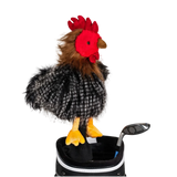 A chicken-shaped golf club head cover sitting in a golf bag, with a club peeking out.