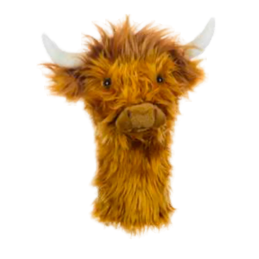 A golf club head cover shaped like a plush highland cow.