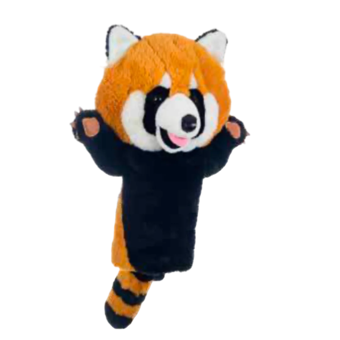 A golf club head cover shaped like a plush red panda.