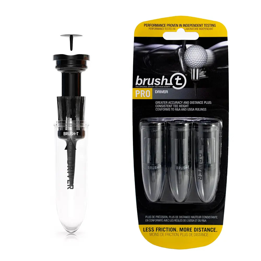 Package of three black Brusht golf tees on a white background