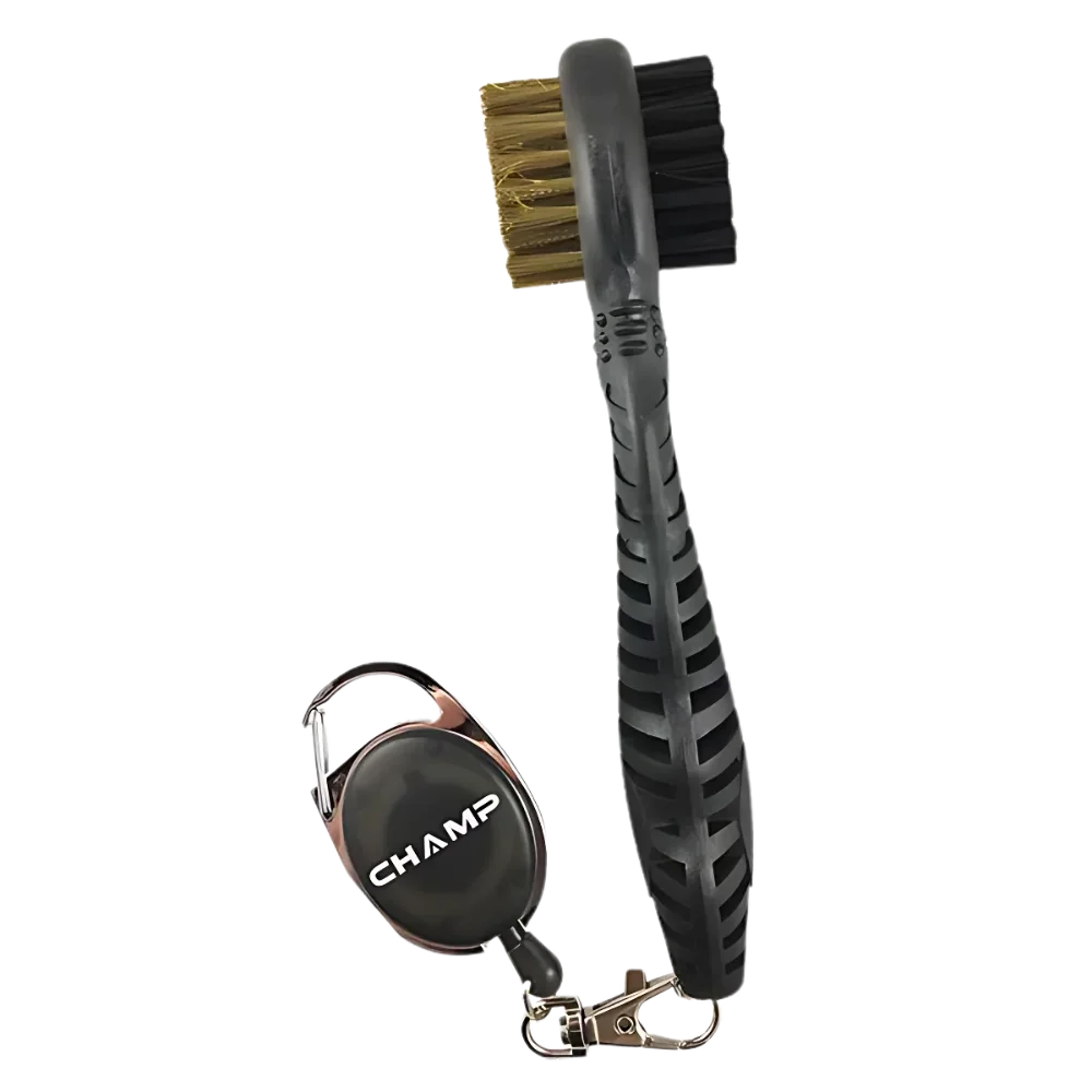 Champ Dual Brush showing bristles and attached retractable clip.