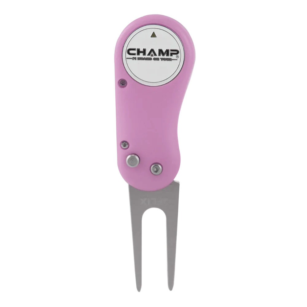 Pink Flix Lite divot tool with ball marker.