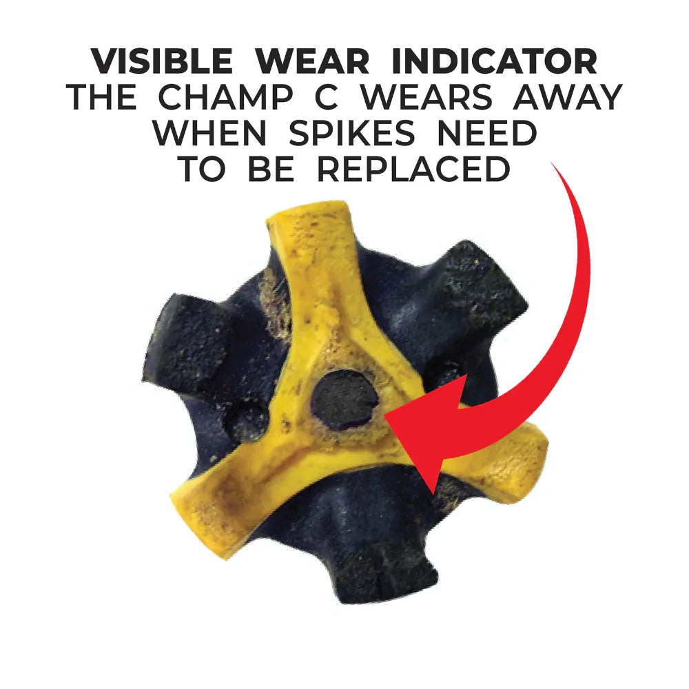 Upclose of the helix golf spike. Text above saying "visible wear indicatior - the champ c wears away when spikes need to be replaced"