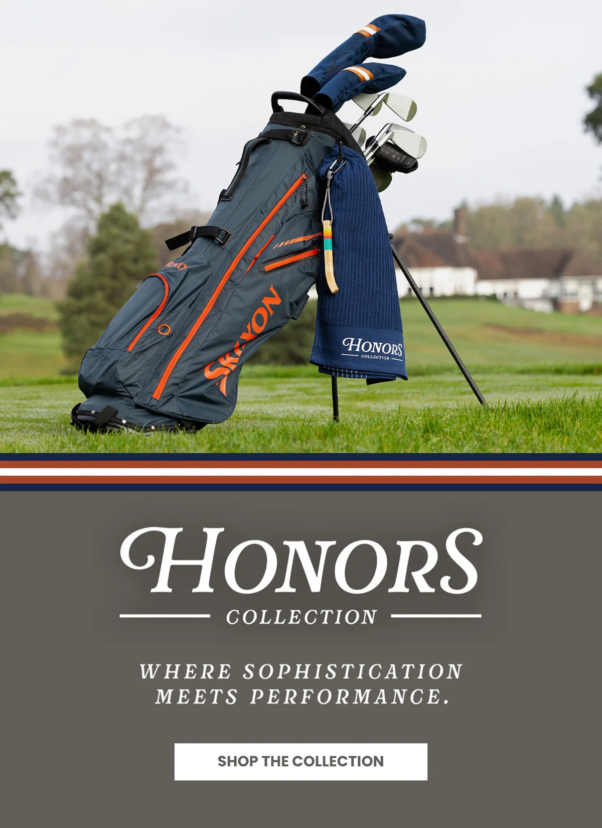 Honors Collection banner, "Where Sophistication Meets Performance," with towel and brush clipped to a golf bag on the course.