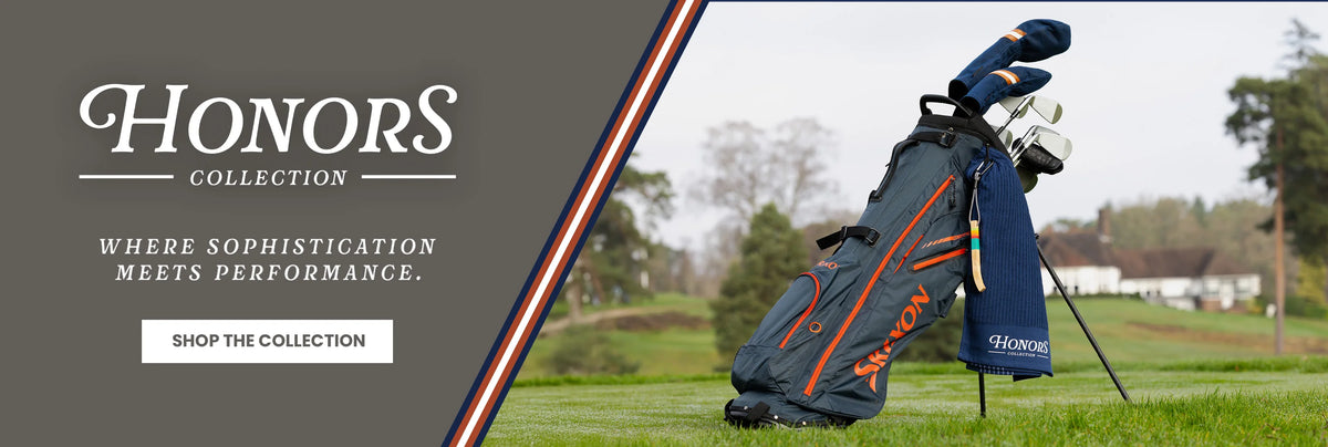 Honors Collection banner, "Where Sophistication Meets Performance," with towel and brush clipped to a golf bag on the course.