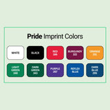 Pride Imprint Colors chart showing 10 available ink colors: White, Black, Red 186, Burgundy 222, Orange 151, Light Green 348, Dark Green 343, Purple 267, Reflex Blue, and Dark Blue 295.