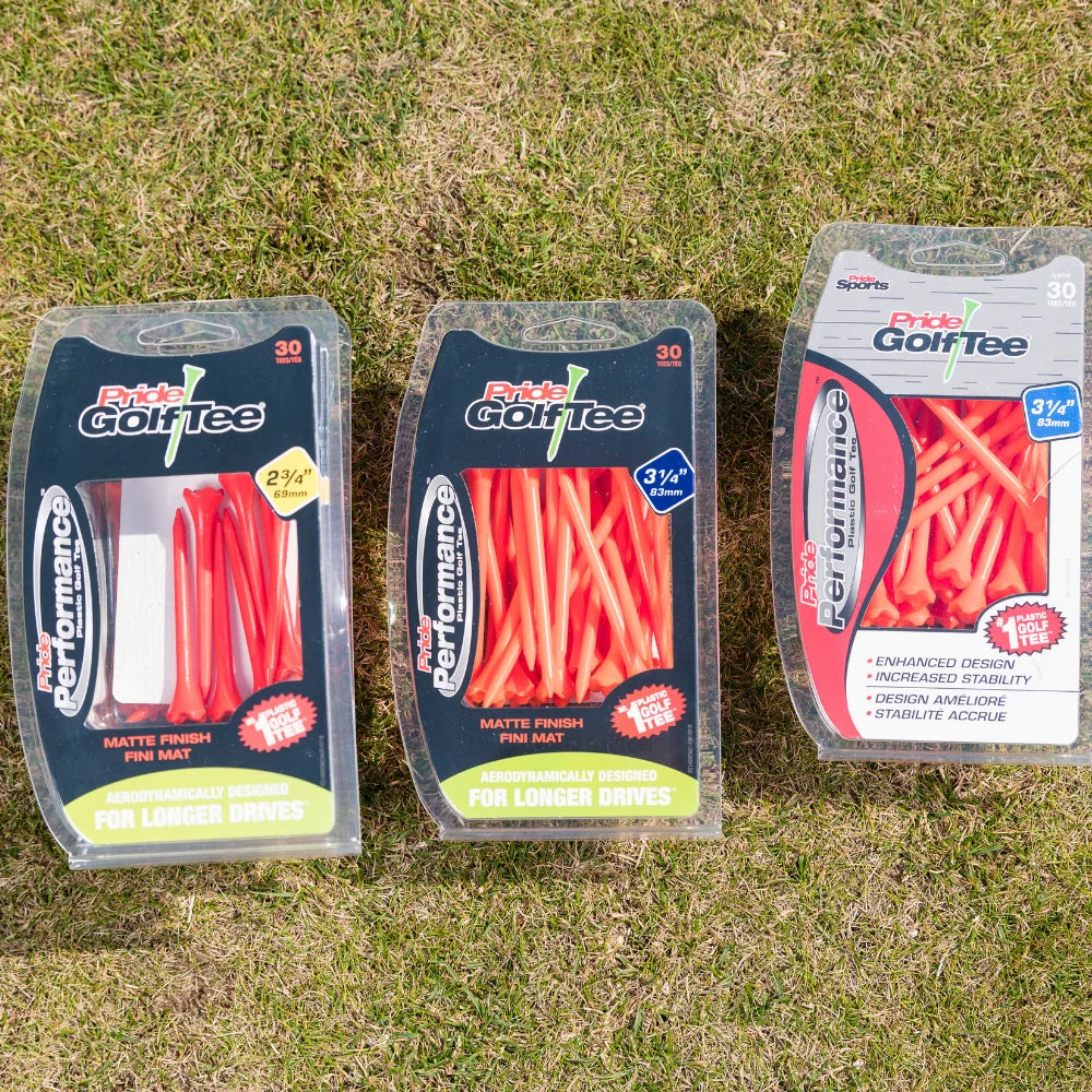 Three packs of pride performance golf tees in various sizes, featuring bright red tees and packaging that highlights their performance benefits for longer drives.