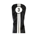 Black golf club head cover with number 3 and white stripes on a white background