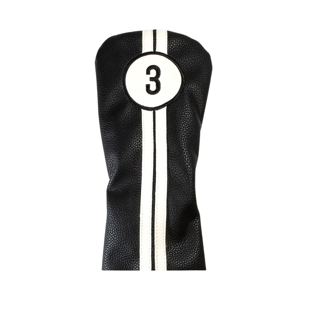 Black golf club head cover with number 3 and white stripes on a white background