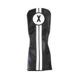 Black golf club head cover with a white 'X' logo on a white background