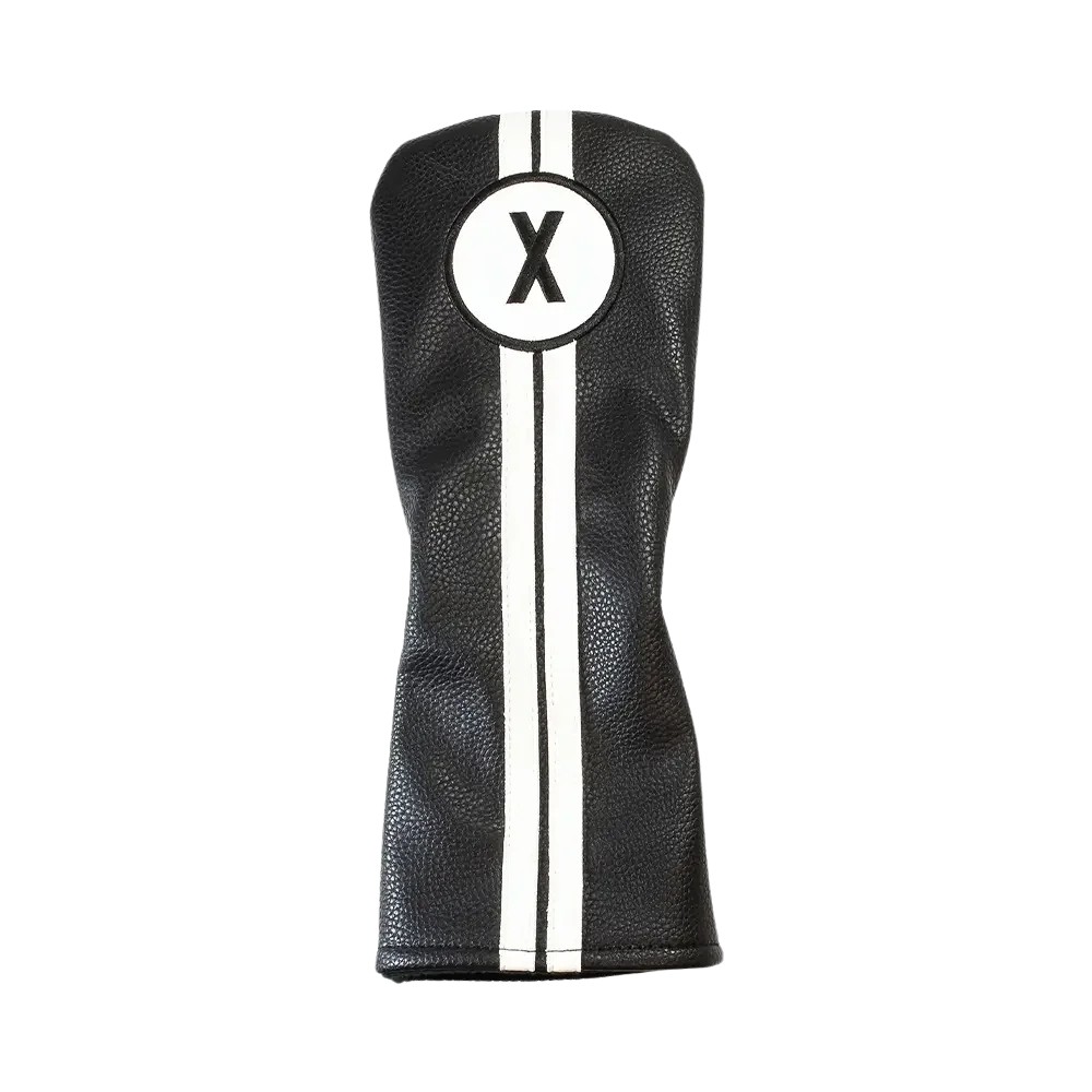 Black golf club head cover with a white 'X' logo on a white background