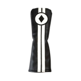 Black golf club head cover with white diamond design on a white background