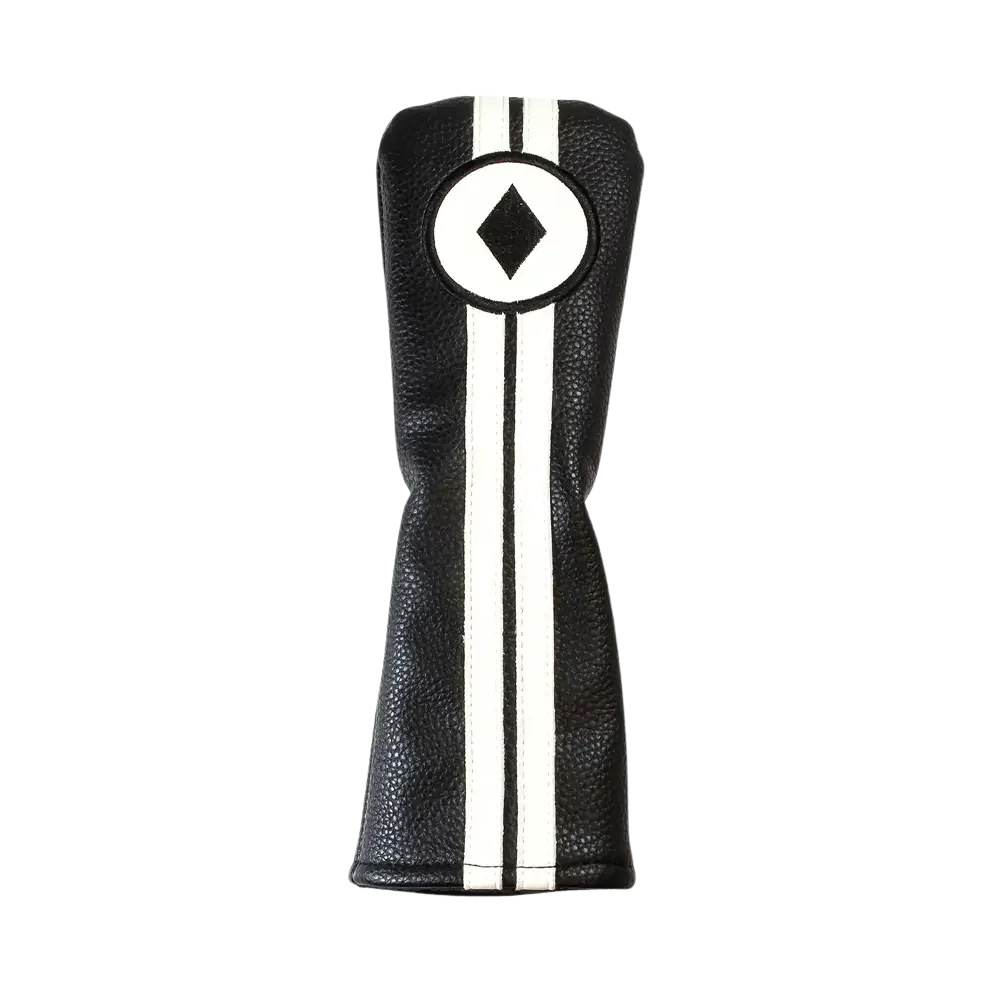 Black golf club head cover with white diamond design on a white background